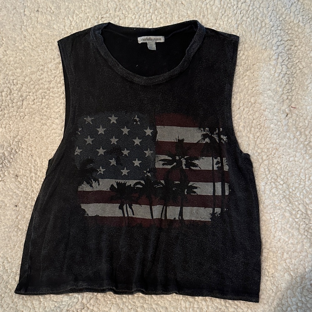 Charlotte Russe Black Muscle Tee with Faded American Flag & Palm Graphic
